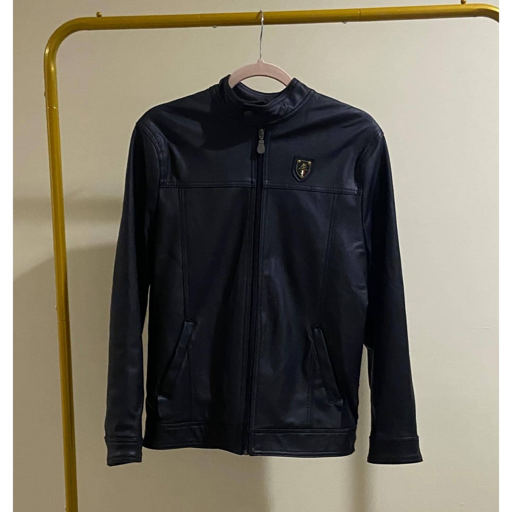 AE Milano Motorcycle Jacket Black Faux Leather Made in Italy Lined‎ Coat Men's S